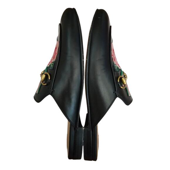 Gucci Princetown Horsebit Flat Mule Size 36.5 US 6.5 Black Leather Pink Floral - Picture 5 of 12